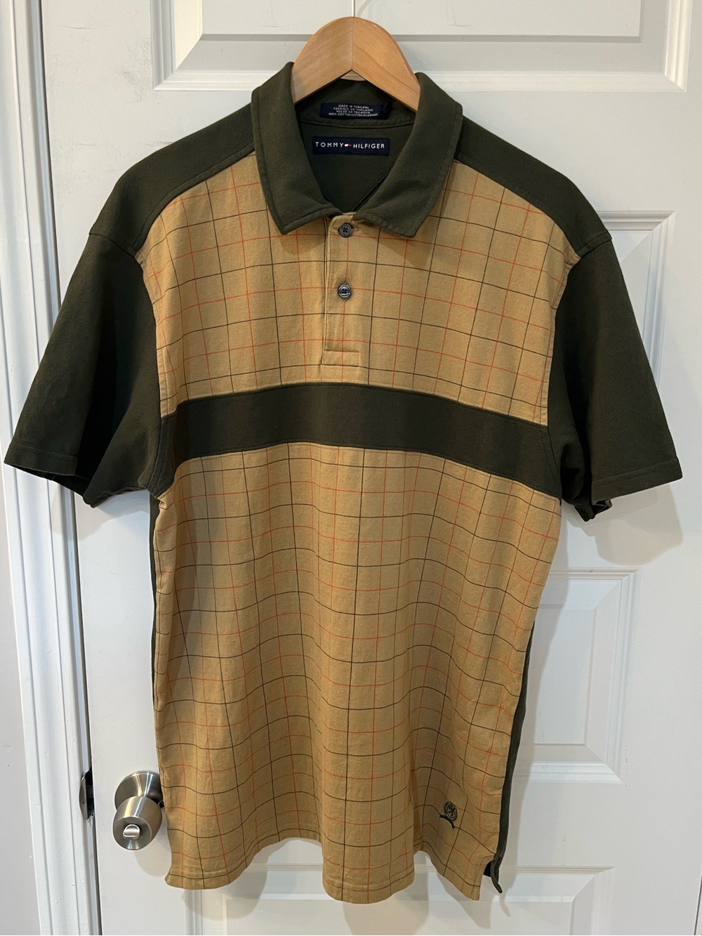 Vtg 90s Tommy Hilfiger Polo Shirt Mens‎ Large L Olive Green Tan Grid Windowpane